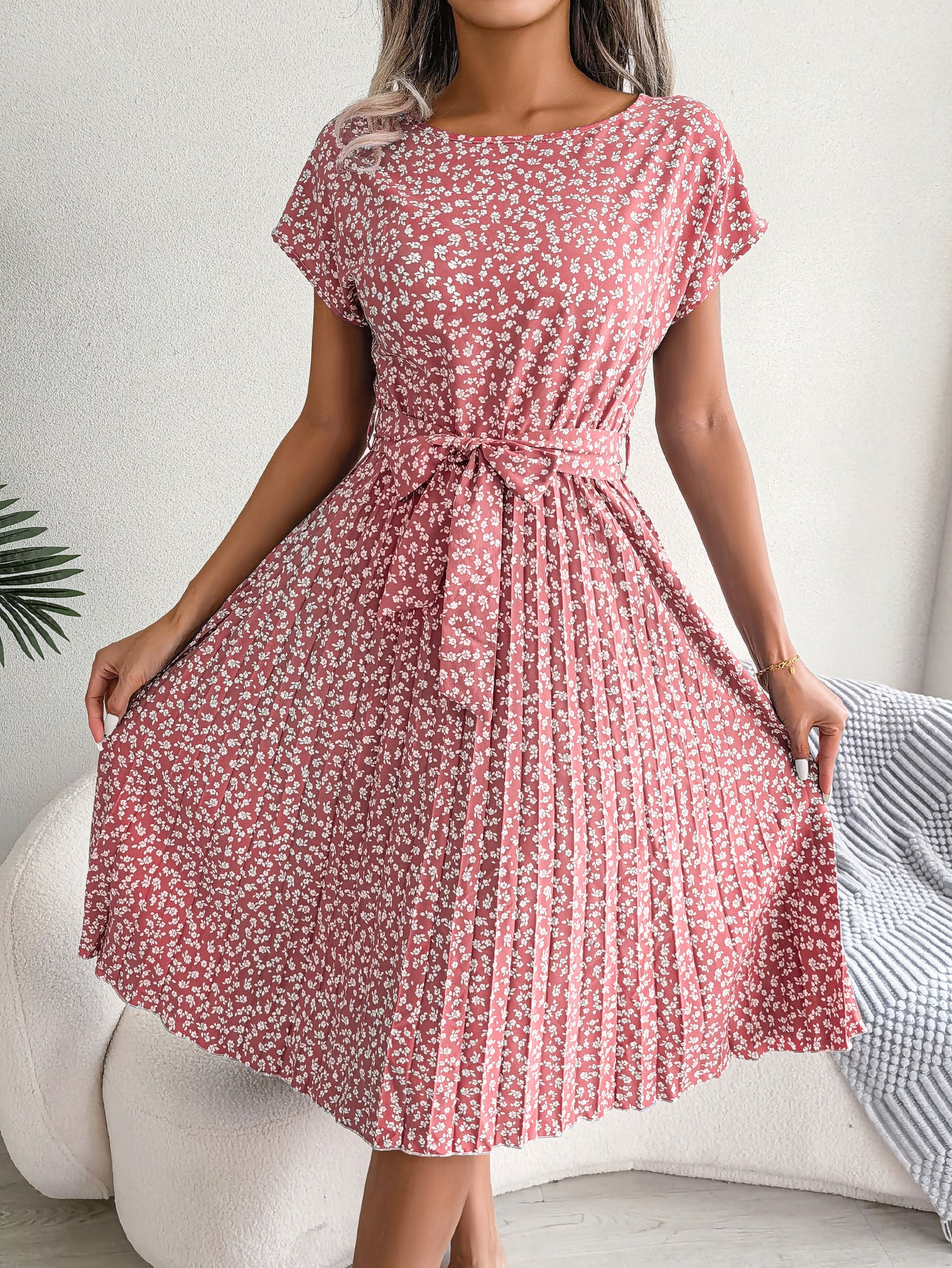 Women   Casual Short Sleeve Floral Print Flowy Pleated Skirt