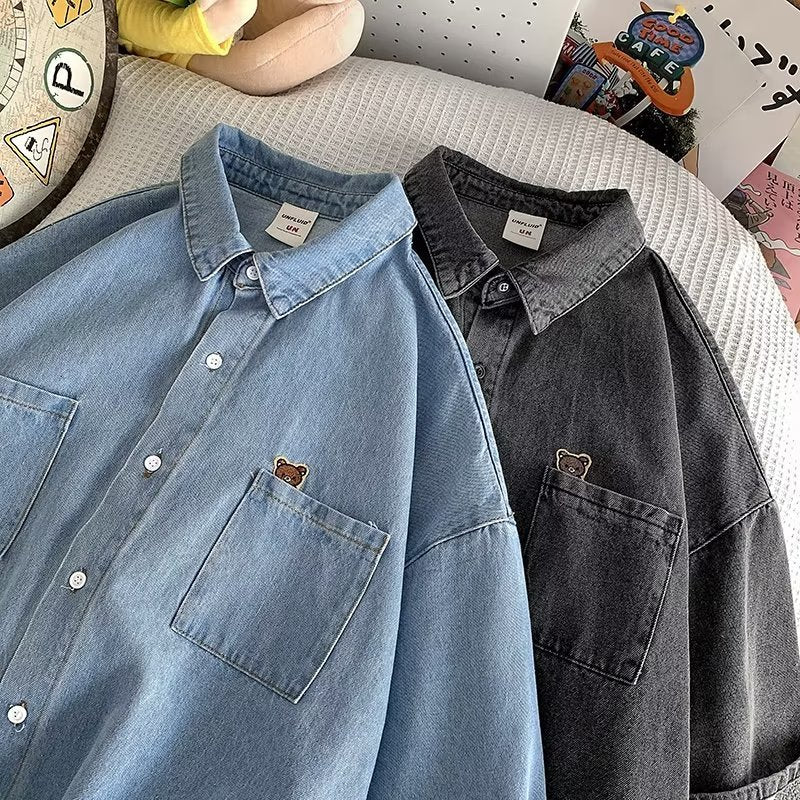 Denim Shirt Men's Short Sleeve Shirt Baggy Coat