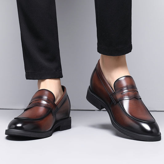 Cowhide Business Formal Wear Men's Slip-on Invisible Height Increasing Leather Shoes