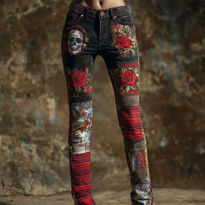 Womens Colorful Floral Faux Denim Pants