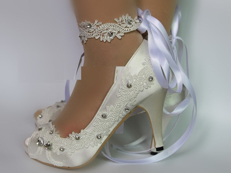 Fish Mouth Lace Silk Satin Bridesmaid Strappy Rhinestone Women's Shoes