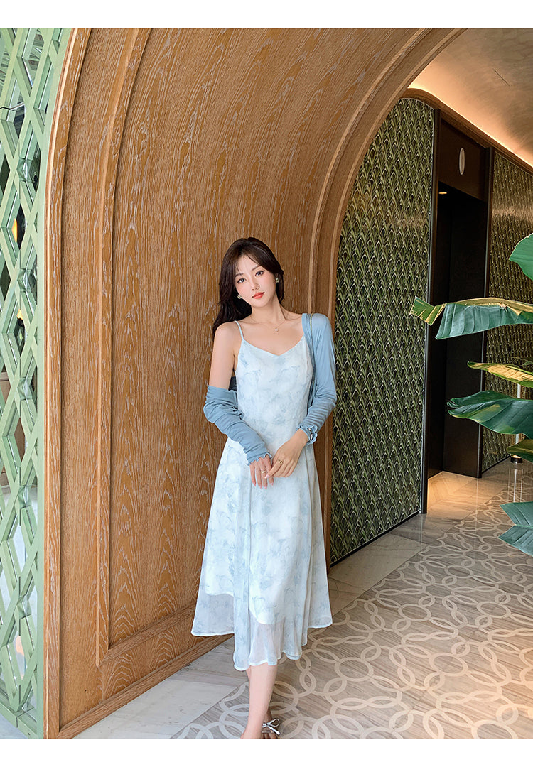 Blue Printed Halter Dress With Chiffon Waistband