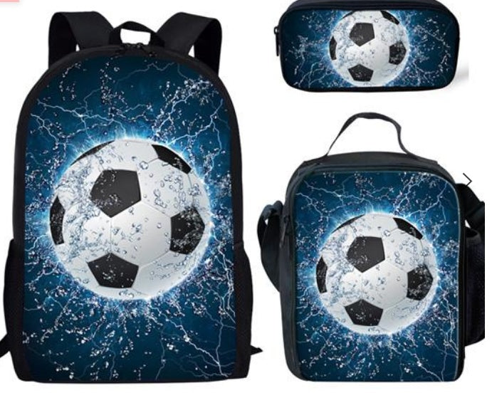 Football Print Children's Three-piece Backpack Satchel Big Pen Bag Student Backpack