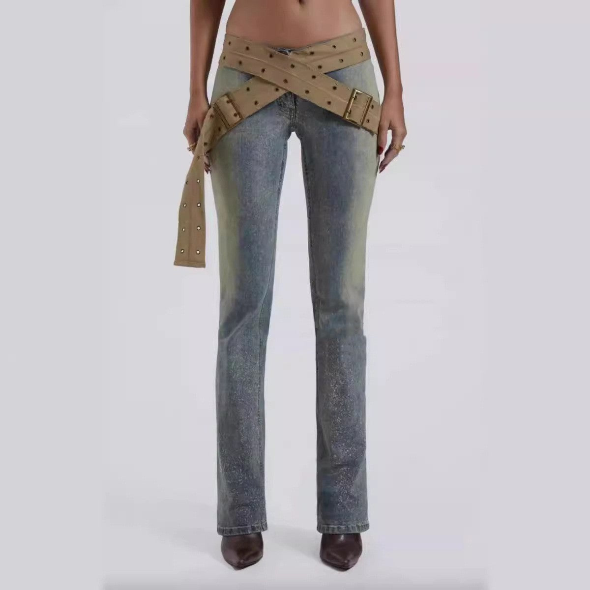 Canvas Thick Belt Decorative Low Waist Leg Trimming Denim Trousers For Women