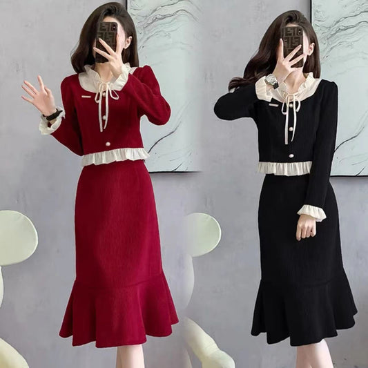 French Retro Little Fragrance Wind Top And Skirt Set