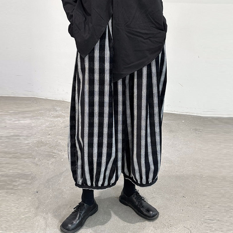Elastic Waist Loose Stripe Dark Grid Contrast Lantern Wide Leg Casual Pants For Women