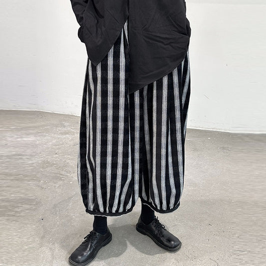 Elastic Waist Loose Stripe Dark Grid Contrast Lantern Wide Leg Casual Pants For Women