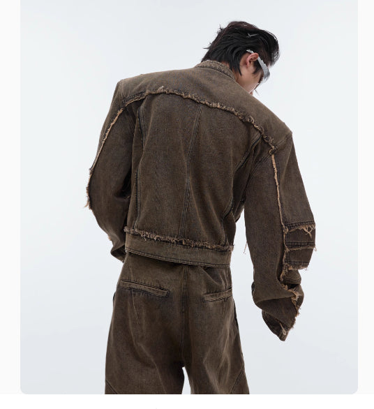 Niche retro-look slidt, vasket denimfrakke med skulderpuder
