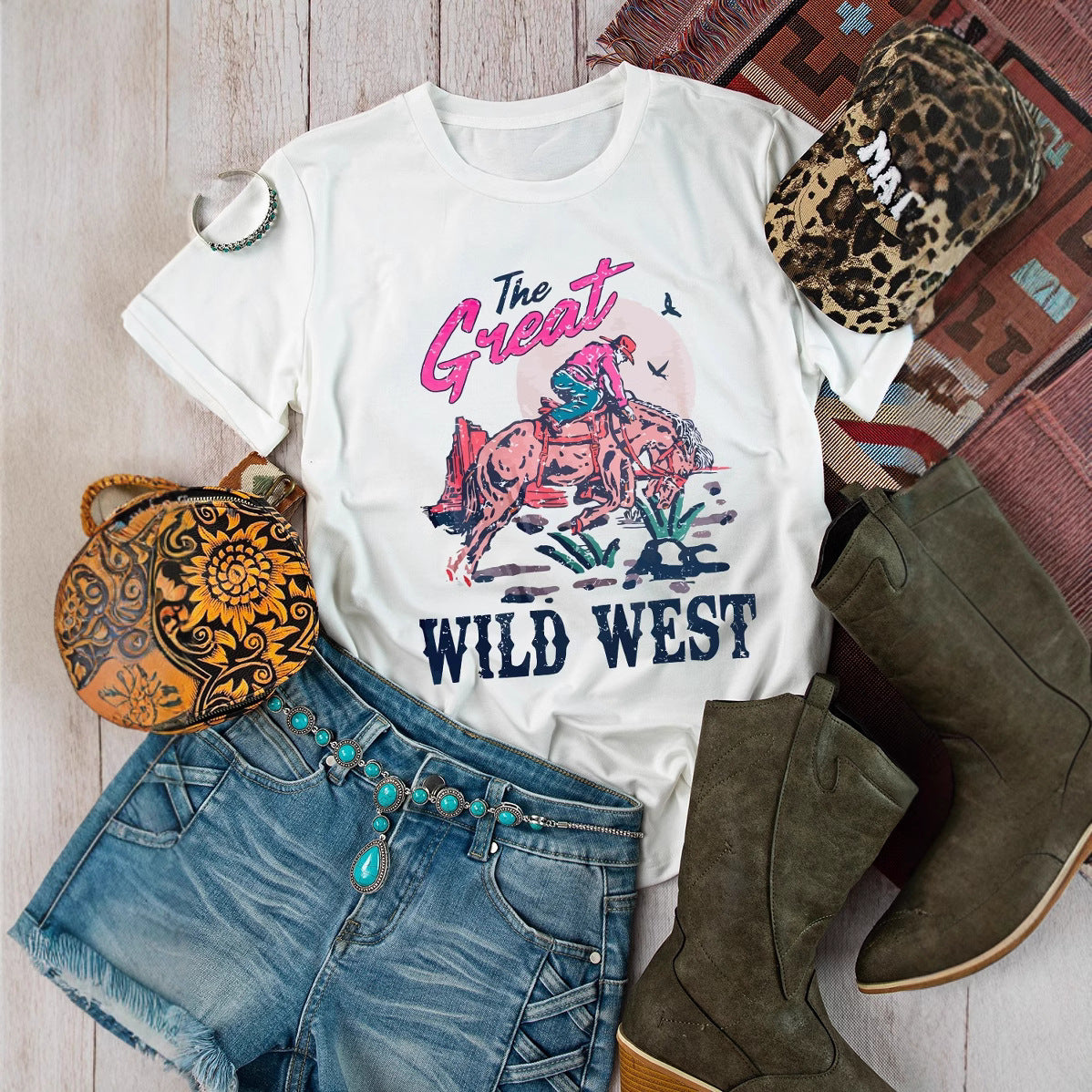 Dame Retro Cowboy Denim Country Koncert Western Konkurrence T-shirt
