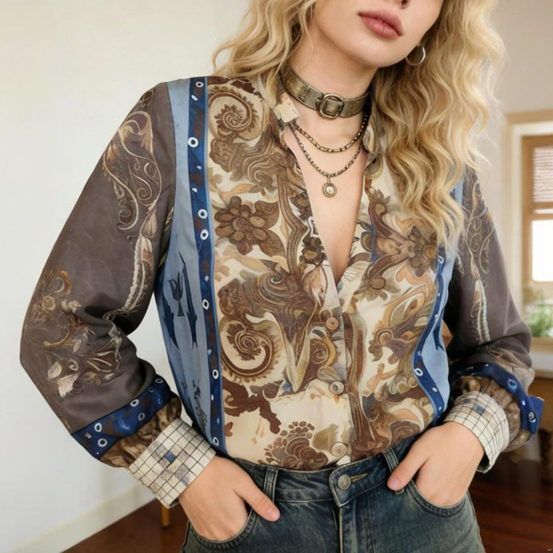 Womens Printed Long-Sleeve V-Neck Casual Loose Top