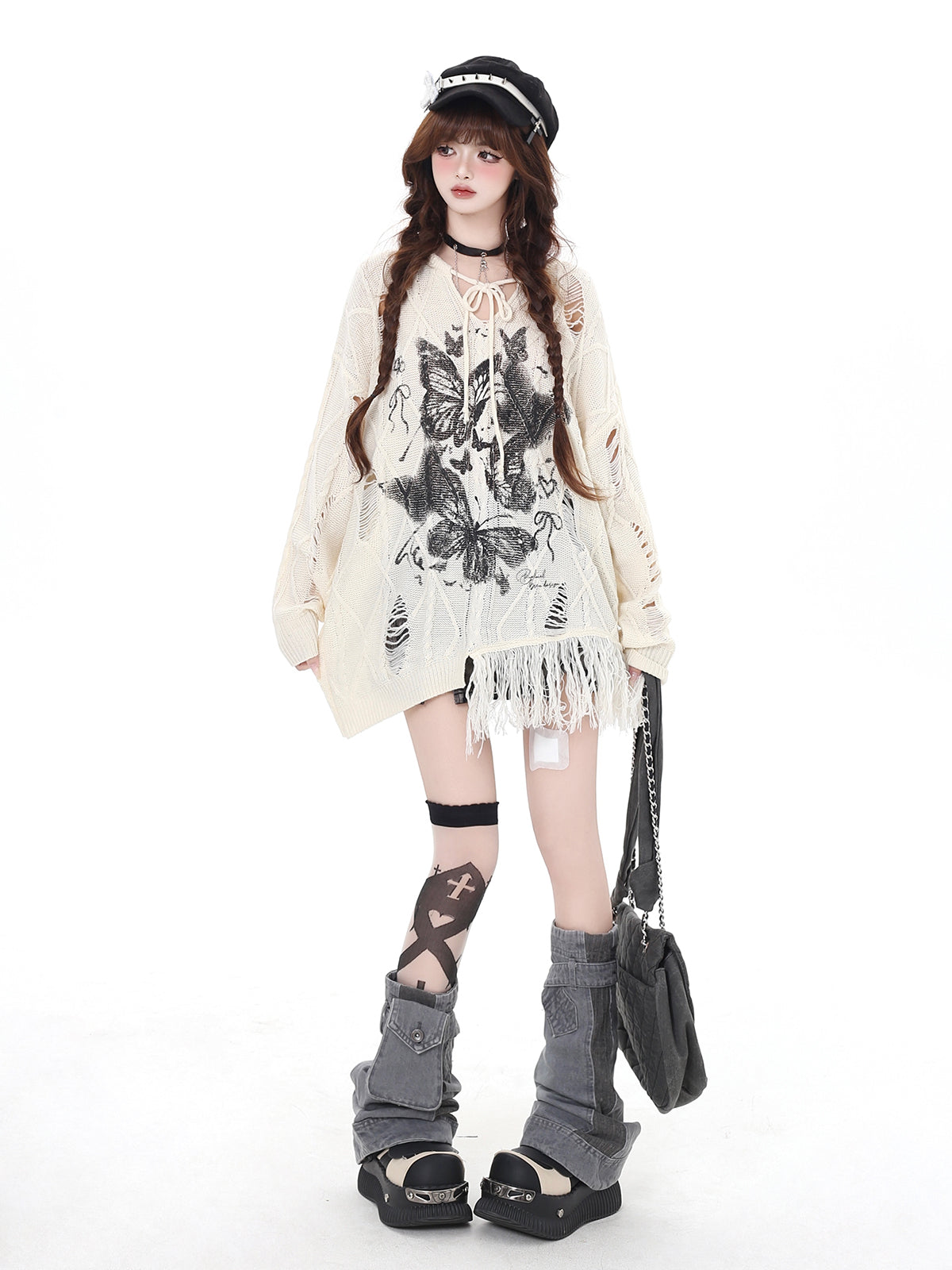 Ripped Retro Butterfly Printed V-neck Hollow Long Sleeve Knitted Sweater