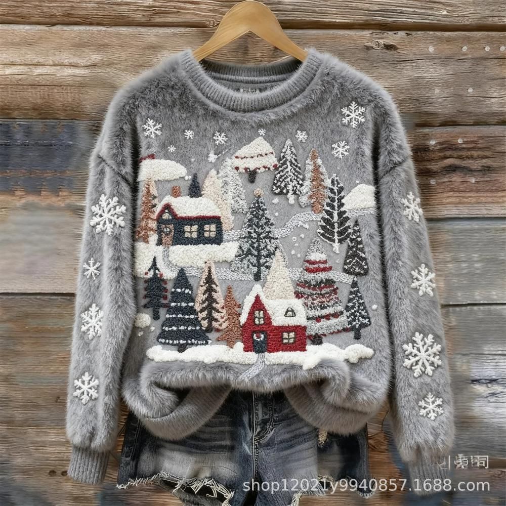 Womens 3D DigitalPrint Flannel Crewneck Sweatshirt For FallWinter