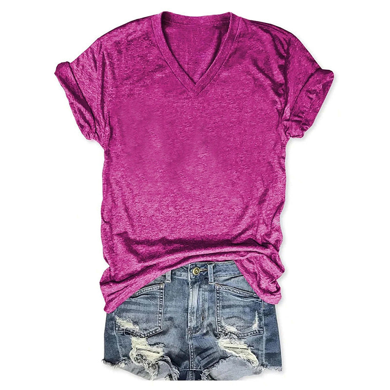 Europe And America Spring And Summer Solid Color Printing T-shirt V-neck Pullover