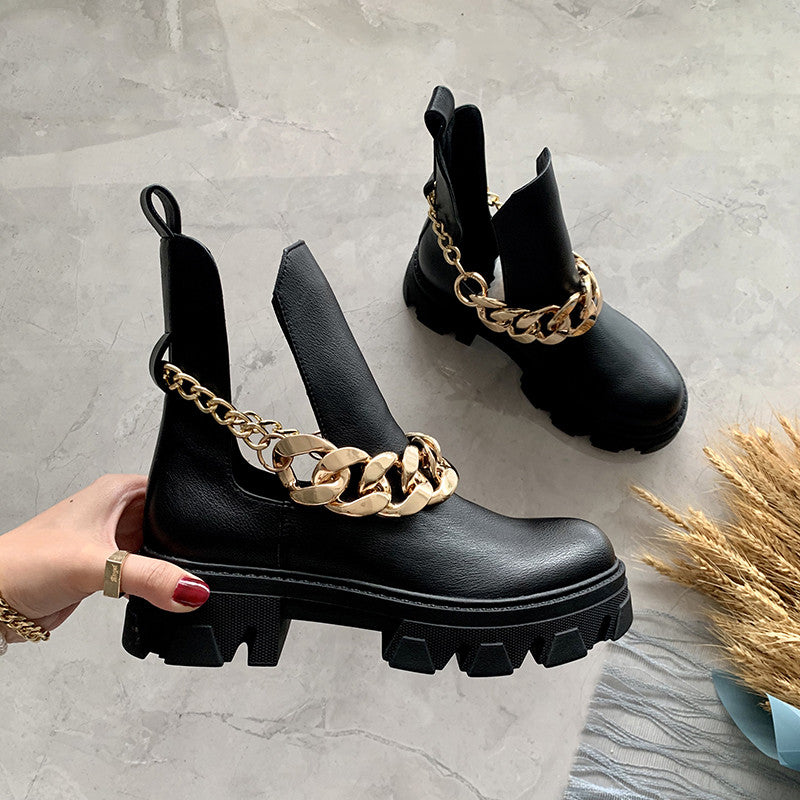 Chain Embellished Punk Style Low Round Toe Sleeve Ankle Boots