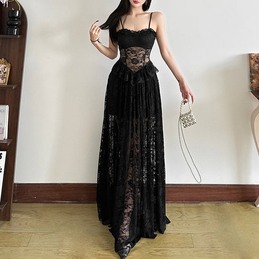 Womens Black Lace Slip Dress With A See Through Bustier Design