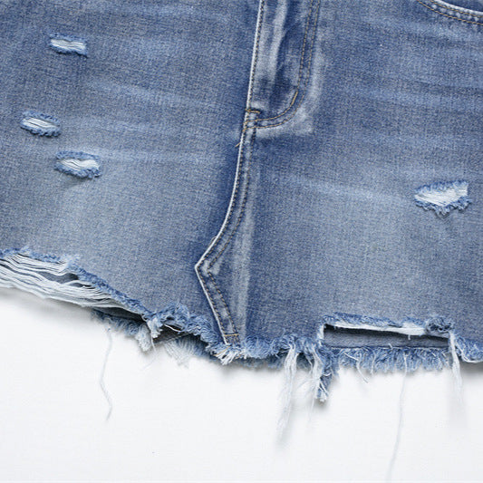 European And American Style Fashion Casual Simple Hole Denim Mini Skirt