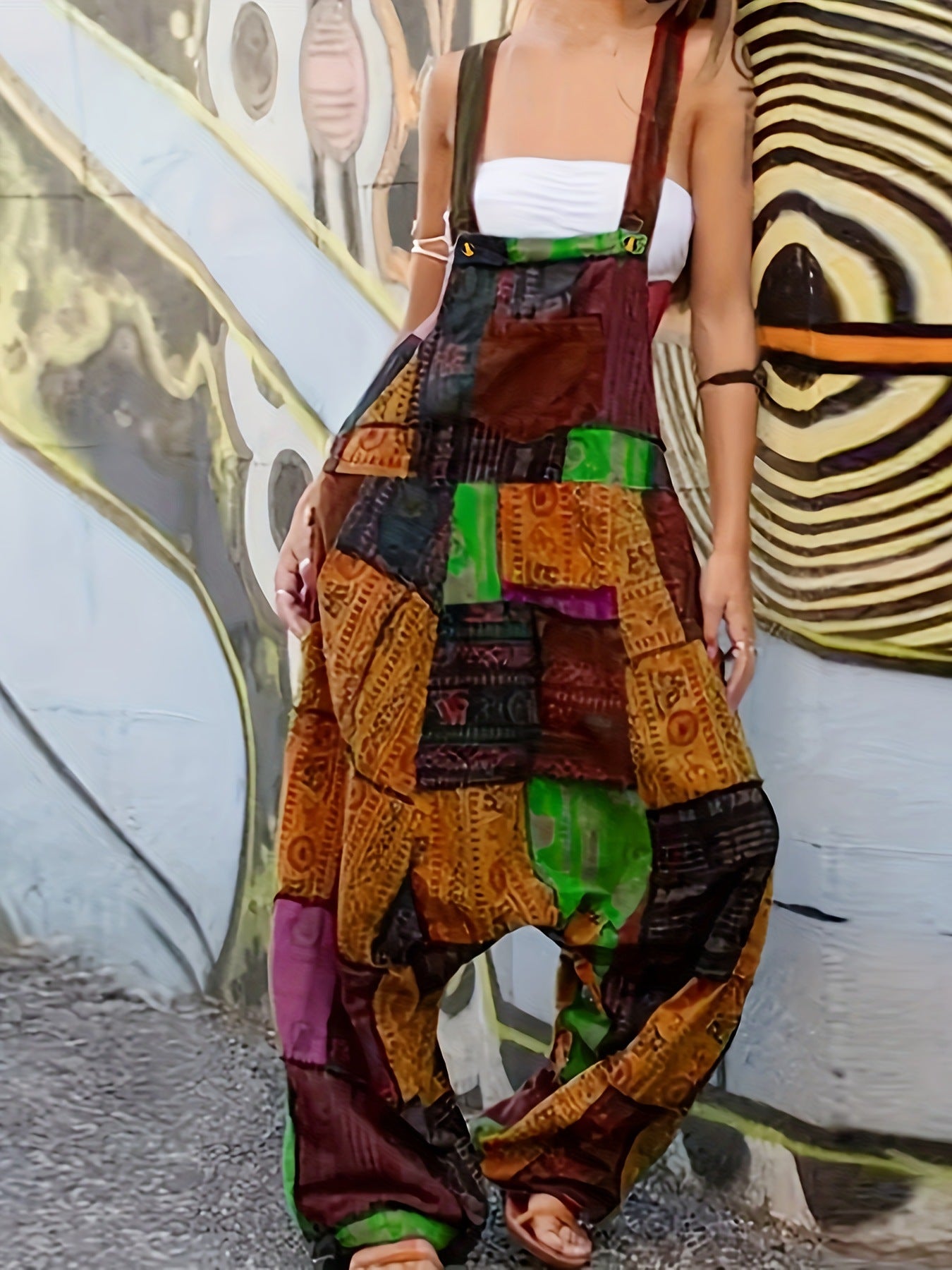 Hippie Stitching Printing Loose-fitting Overalls