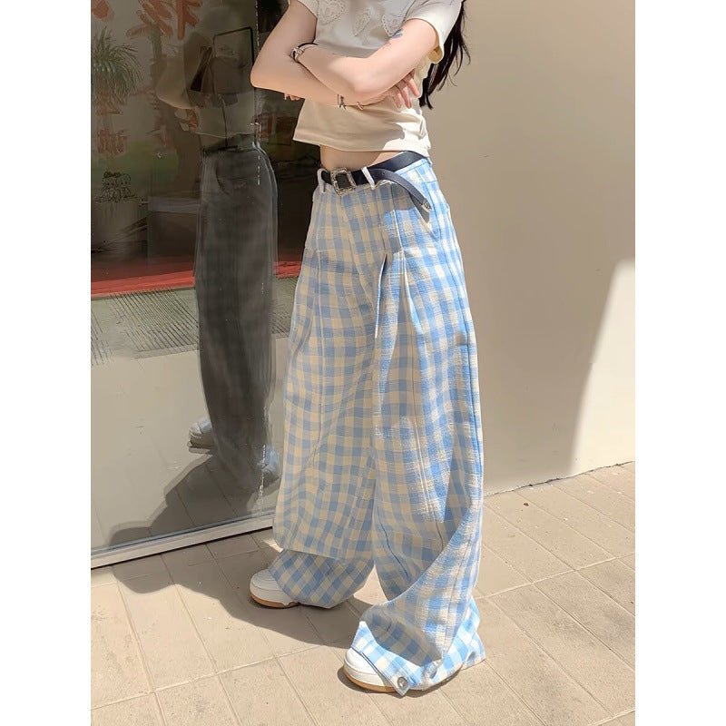 Blue And White Plaid Summer Trousers Loose Cotton Wide Leg Pants For Women