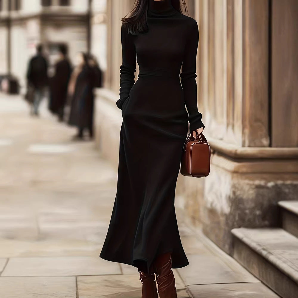 Womens Elegant High-Neck Slim-Fit Long-Sleeve Knitted Dress