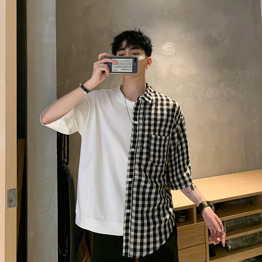 Men's stitching check half-sleeved loose shirt