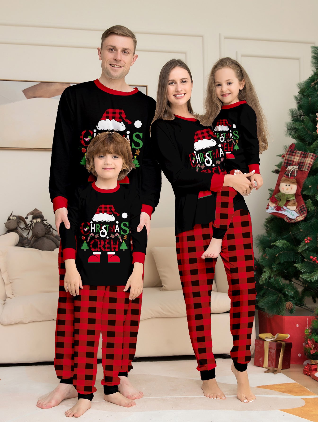 Christmas Hat Cartoon Letters Red And Black Plaid Printed Parent-child Christmas Suit