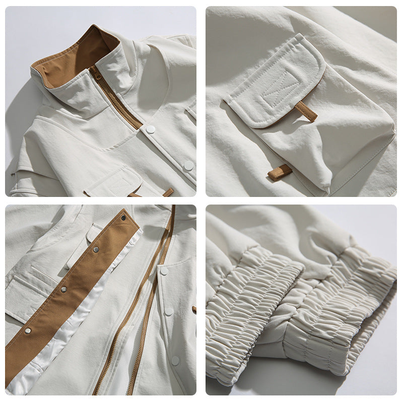 Stand Collar Loose Multi-pocket Charge Jacket Retro Fake Two-pieces Coats