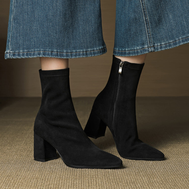 High Heel Stretch Side Zipper Thick Heel Thin Women's Boots