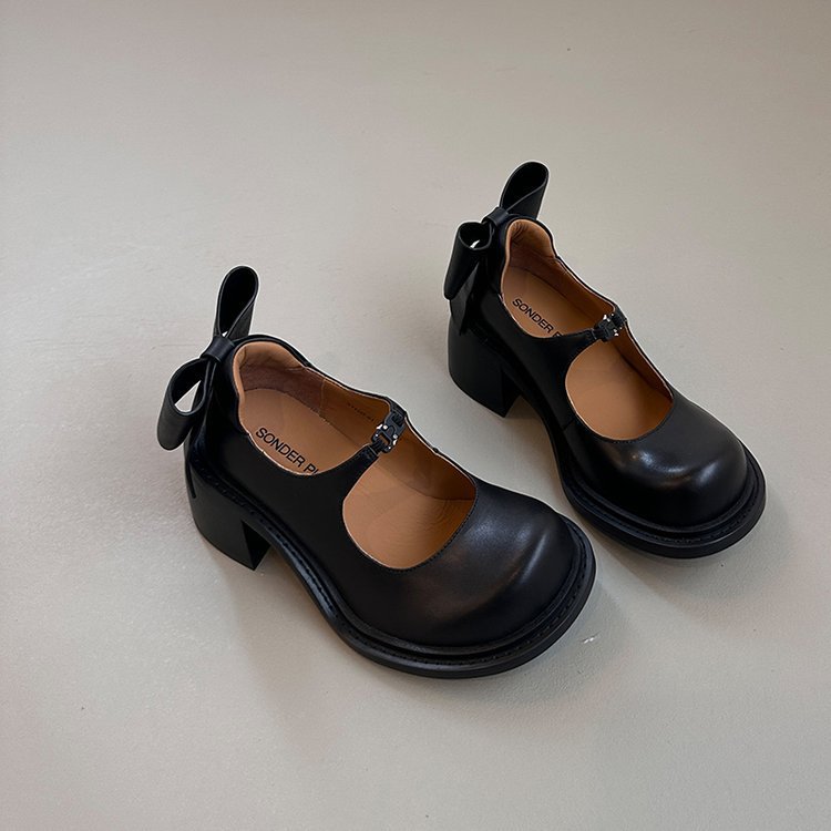 Black Japanese Jk Height Increasing Chunky Heel Leather Shoes For Women