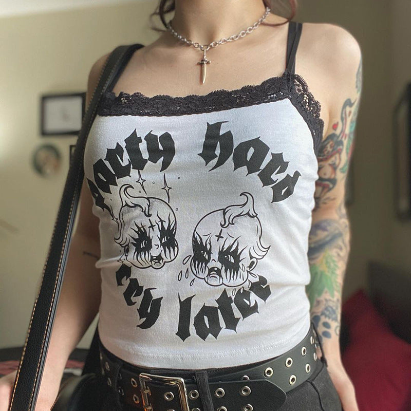 Dark Girly Style New Lace Top Print Women's Vest