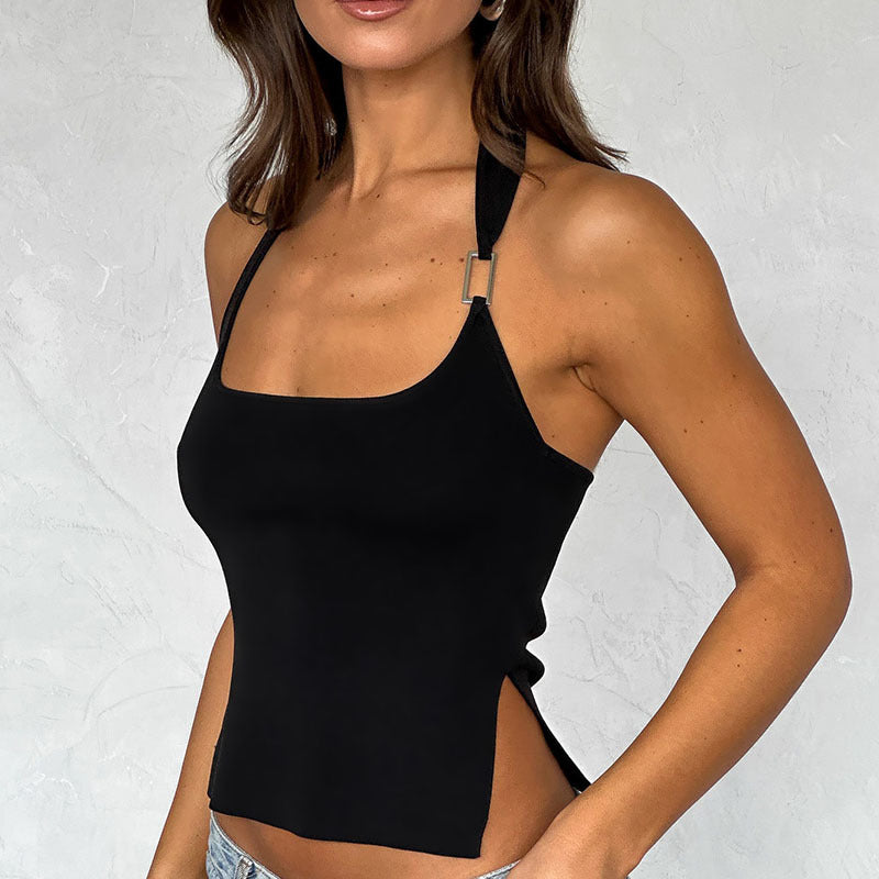 Side Opening Ultra Short Slim Street Style Pure Color Halter Women's Clothing Small Sling