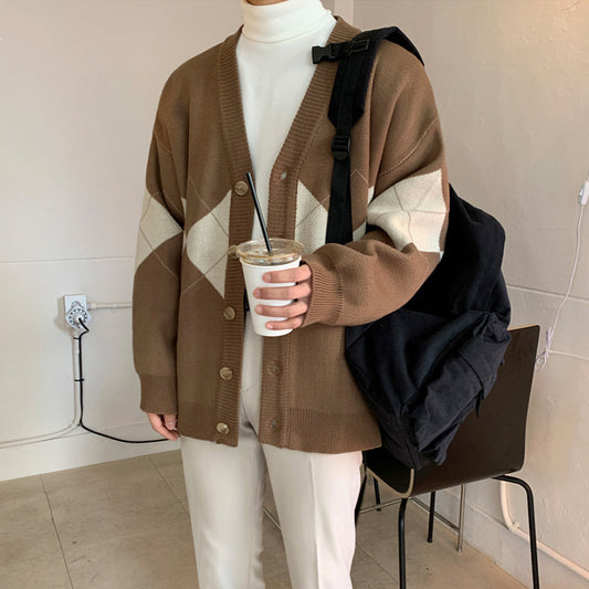 Couple Knitted Coat Diamond Lattice Color Patchwork Cardigan Men's Long-sleeved Sweater