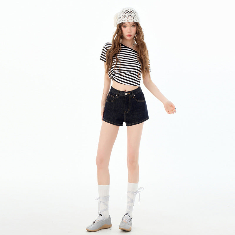 Denim Blue Low-rise Figure-flattering A-line Outerwear Skinny Denim Shorts