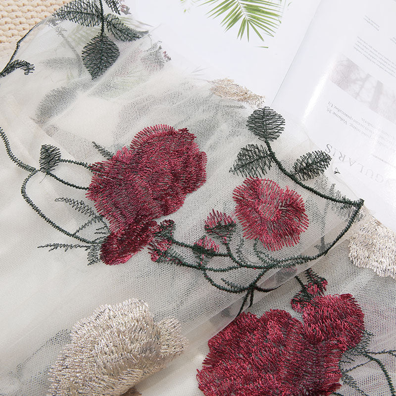 Vintage High Waist Slim Embroidery Big Flower Fashion Sweet Mesh Mid Length Fairy Half Length Dress