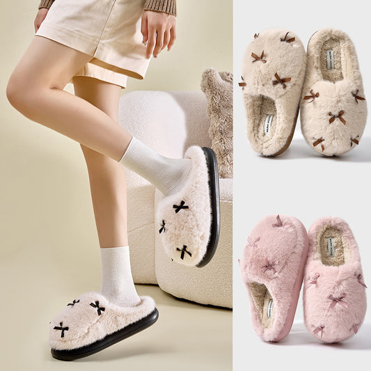 Women's Cute Plush Home Slippers Butterfly Knot Cotton Slippers Comfortable Thick Bottom Outdoor Slippers Winter Indoor Soft Warm Slippers