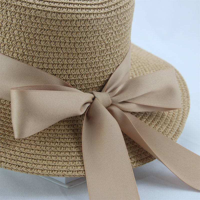 Women's Summer Bow Ribbon Flat Brim Straw Hat