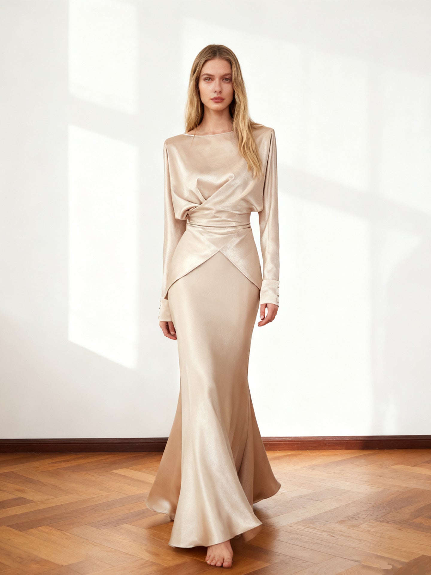 Spring Autumn Satin Elegant Top And Fishtail Midi Skirt Chic Two-piece Set