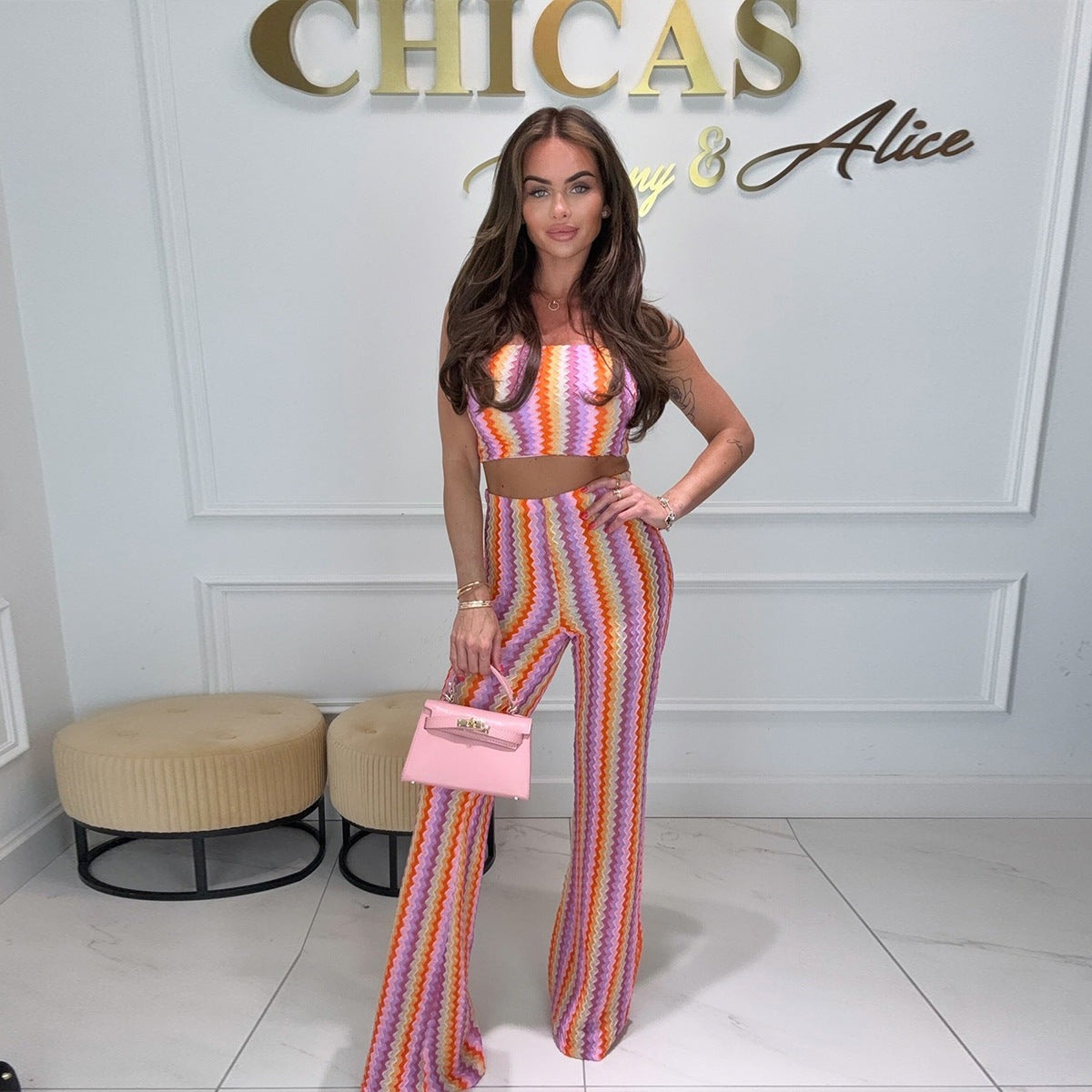 New Color-knit Crop Top And Backless Striped Set For Women