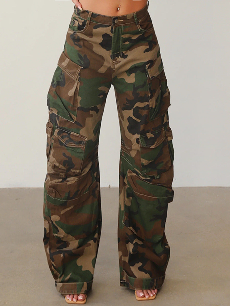 Women's Side Multi-pocket Decorative Design Camouflage Cool Handsome Loose Street Jeans