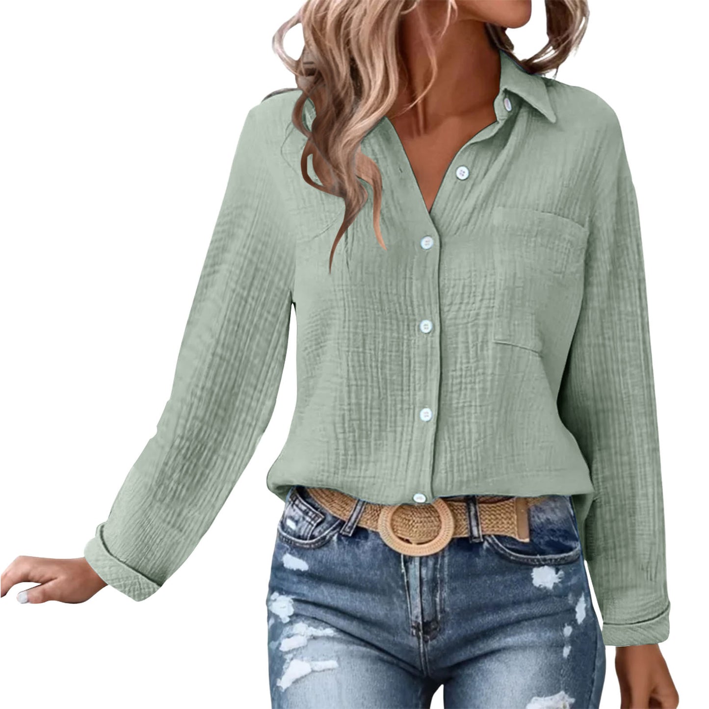 Solid Color Casual Loose Long Sleeve Linen Shirt