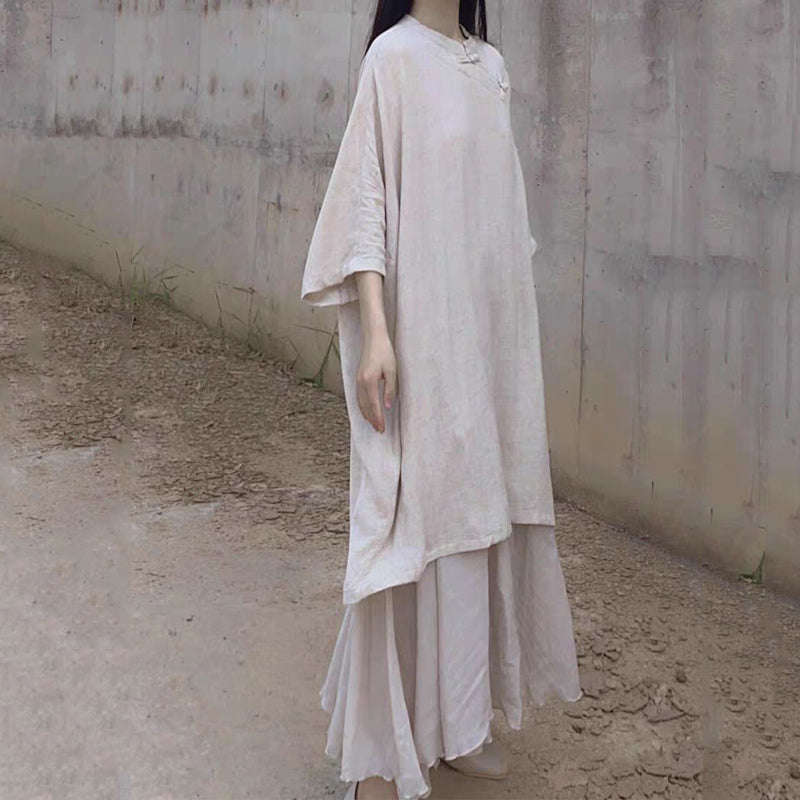 Cotton-Linen Artistic Retro Slant-Collar Button-Front Zen-Style Short-Sleeve Dress