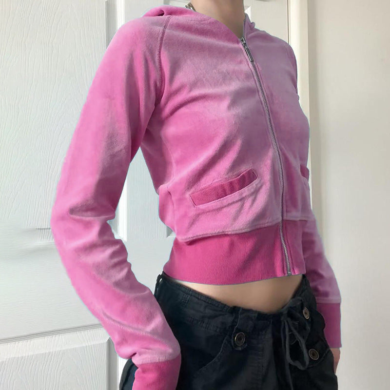 European And American New Suede Hooded Zipper Jacket