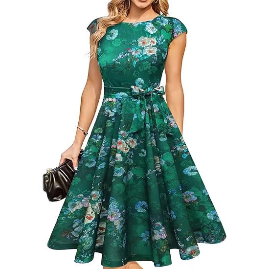 Elegant Round-neck Sleeveless Tie-waist Printed Dress