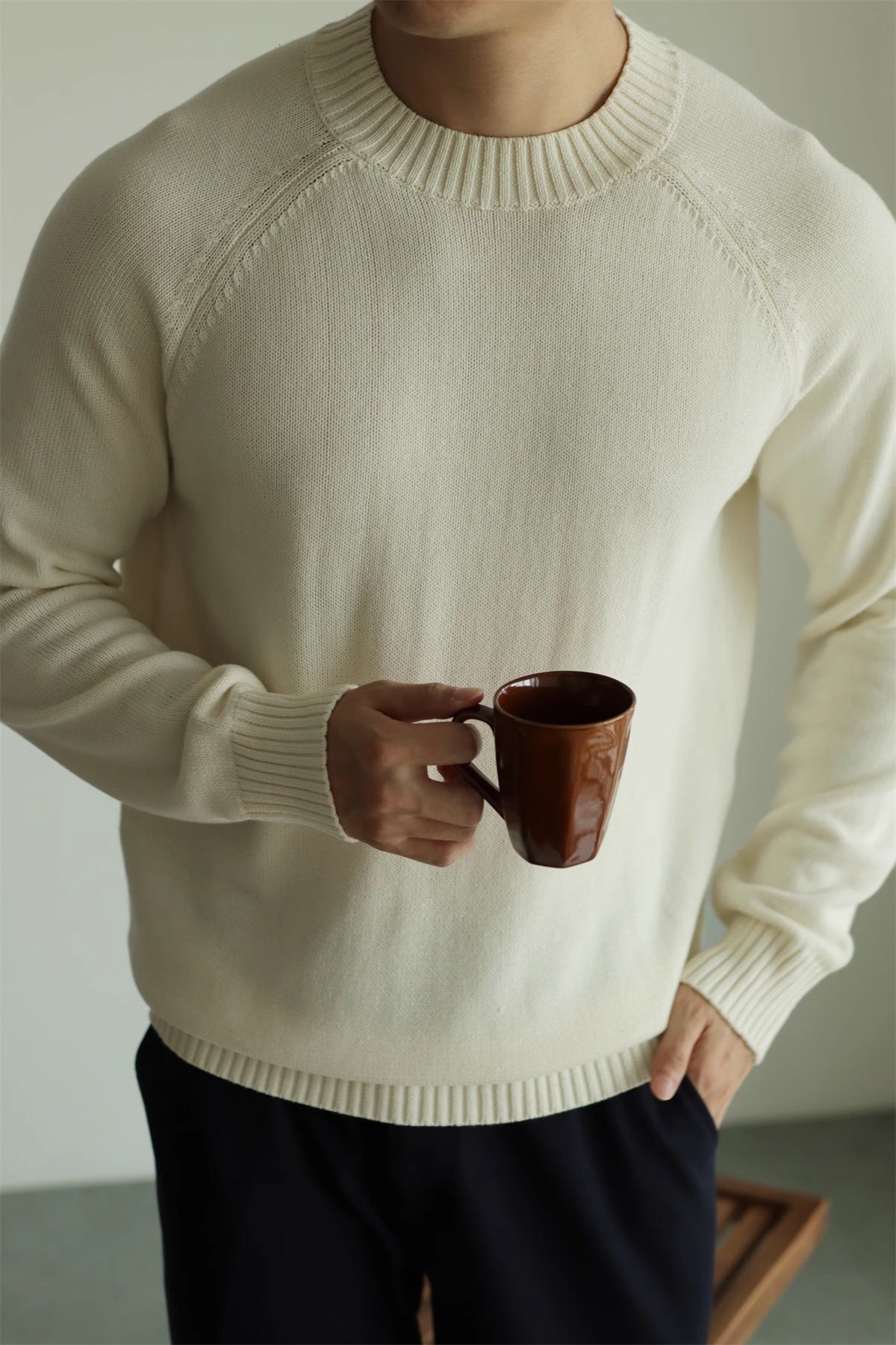 Langfibret bomuldssweater Sweater i bomuld med rund hals Pullover Retro Casual Sweater