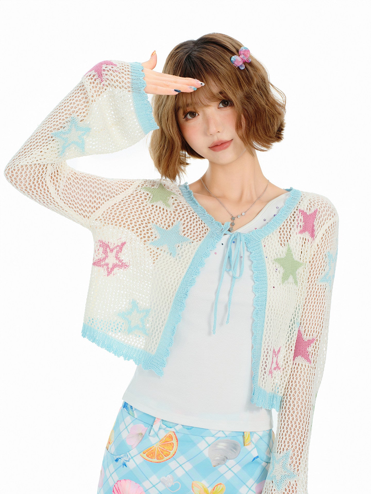 Women's Contrasting Color Floral Hollow-Out Knitted Cardigan