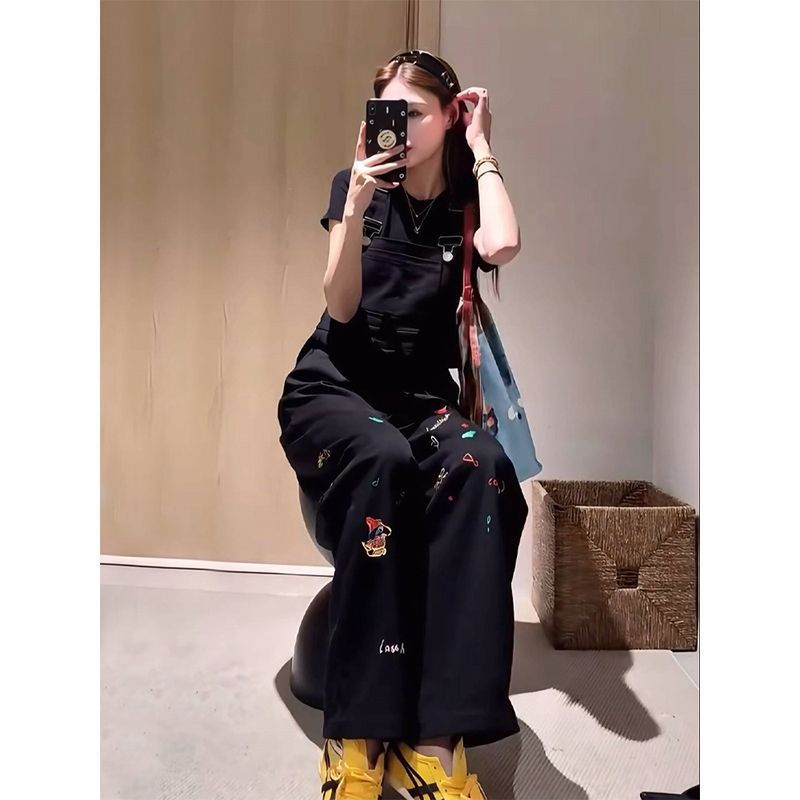 Women's High-Waisted Loose Cartoon-Embroidered Suspender Pants