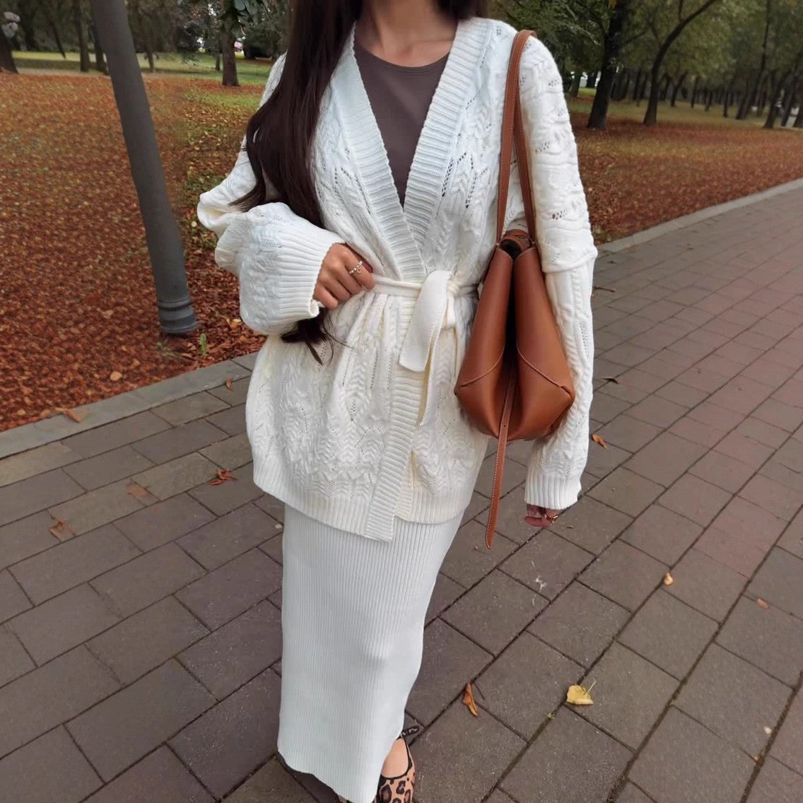 V-neck Cardigan With Tie Details, A Loose-fitting, Versatile Knit Sweater Dress Set