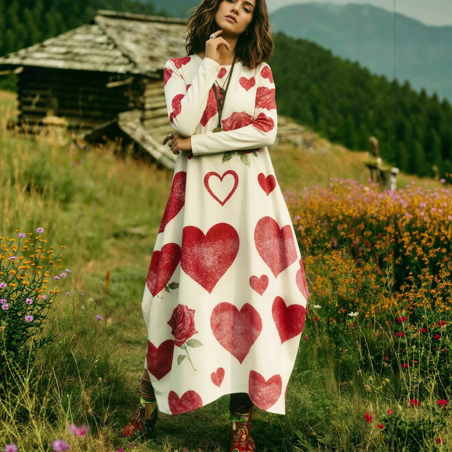 Womens Printed Crew-Neck Long-Sleeve Dress