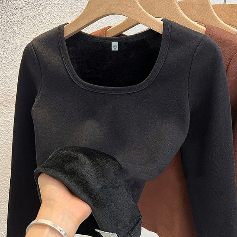 Fleece-lined Square Collar Bottoming Shirt Women's Keep Warm Pure Color Slim Fit