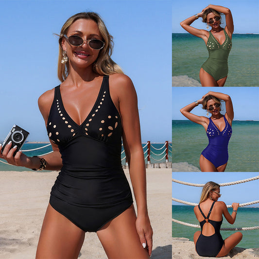 New European And American-style One-piece Swimsuit For Women With Floral Embellishments