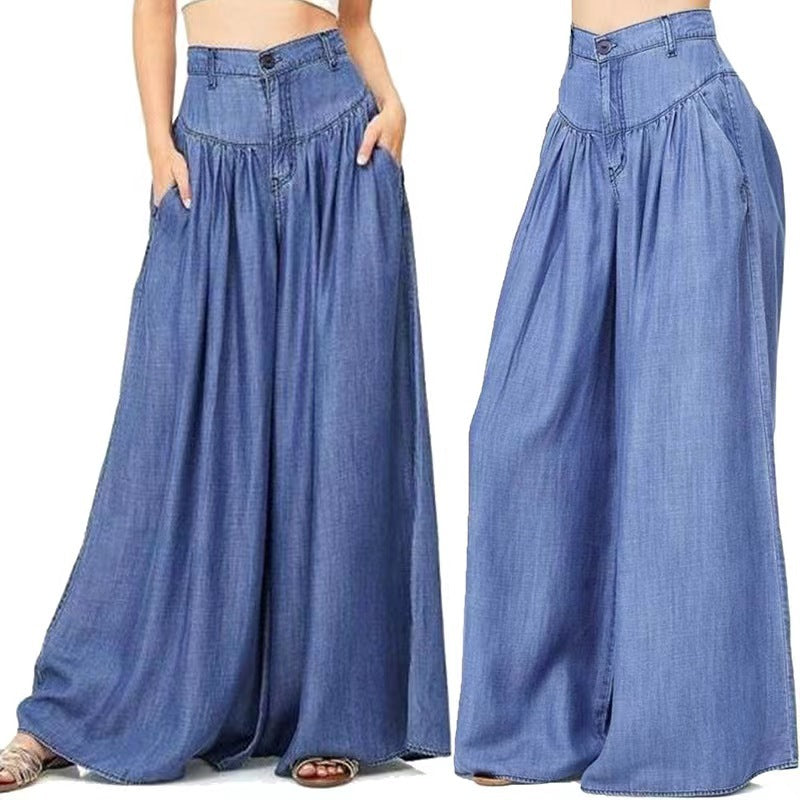 Kvinders modeprægede denim-trompetbukser med vide ben